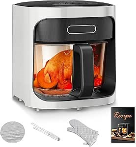 Glass Air Fryer, 4.5QT Glass Air Fryer Non Toxic, Large Capacity, Fast Air Heating, Roast, Temperature and Time Control, Dishwasher Safe, Air Fryer Glass, Glass Air Fryer Home Use (White)