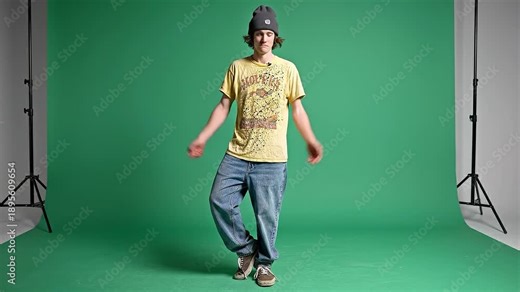 A young man wearing casual streetwear and a beanie performs a humorous, awkward shuffle dance movement on a green screen studio backdrop for easy digi