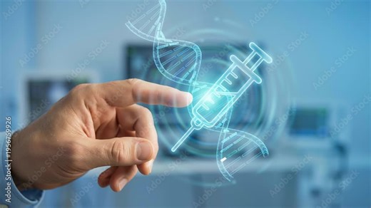 Vaccine development plays crucial role global health research where scientist laboratory use hand to interact with digital syringe and DNA strand symbols showing advanced medical science progress