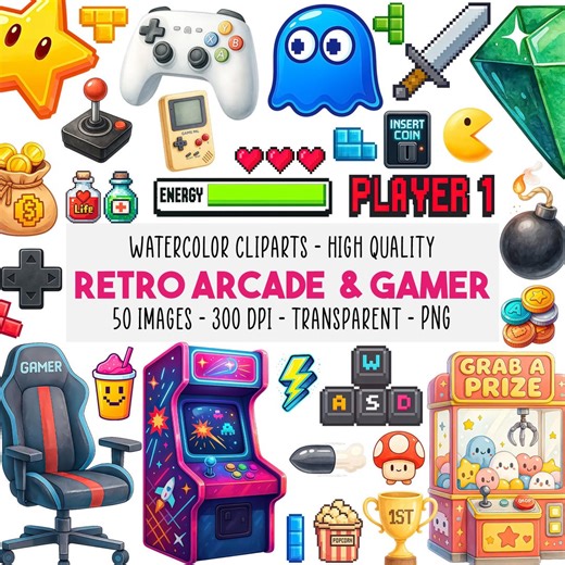 50 Retro Gaming Clipart Bundle, Arcade Gamer PNG, Neon Game Over, Claw Machine, Streamer Emotes, Sublimation & Cricut, Instant Download - Etsy