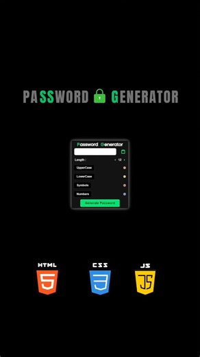 Code Vilde on Instagram: "Password Generator Using HTML CSS & JavaScript | Beginner JS Project 🔐 🔐 Built a Password Generator Website using HTML, CSS & JavaScript Create strong & secure passwords instantly — great JavaScript mini project. 📂 Source Code: Link in bio 💻 Frontend Security Project #javascript #passwordgenerator #webdeveloper #htmlcssjavascript #jsprojects #codinglife #frontenddevelopment"