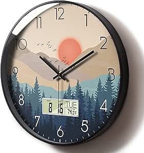 12" Silent Non-Ticking Wall Clock, Mid-Century Modern Wilderness Sunset, Battery Operated Analog with LCD Date Day Temp Display, for Living Room Home Office Bedroom Garage Farmhouse Decor
