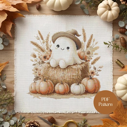 Boho Geist Kreuzstich-Muster: Halloween Kürbis & Blumen-Design (PDF Digital Download) - Etsy.de