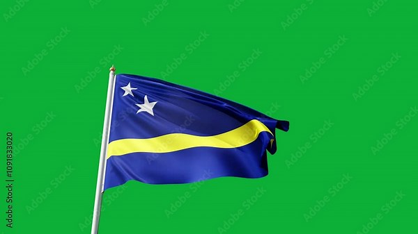 flag of curacao on a green screen, no background, transparent background, waving in the wind, national symbol of curacao, tall flagpole, video of a flag Stock Video