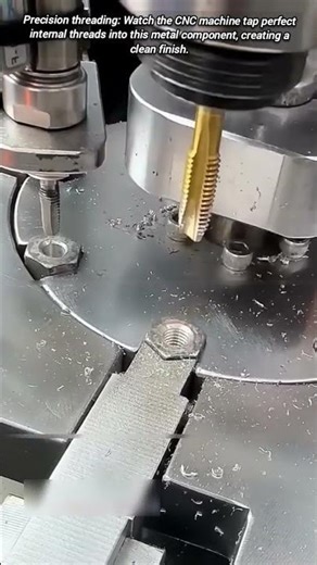 CNC machine cuts internal threads into a metal part.