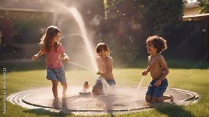 A group of children playing with a sprinkler in their backyard to cool off