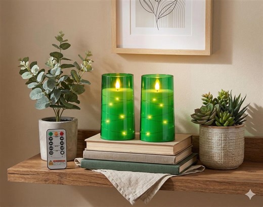 Green Glass LED Candles With String Lights, Flickering Flame Effect (remote Control Timer) - Etsy UK