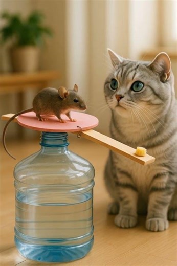 A mouse trapped on a bucket trap—watched by a cat! #cat #funniestvideo #cute