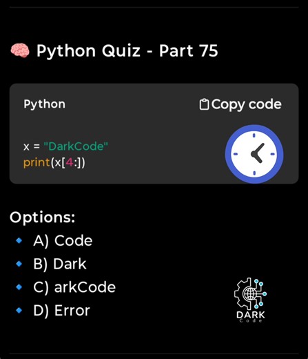 22K views · 94 reactions | " Time to put yourself to the test!" 易 Want to challenge your skills? Try our quizzes now! Follow Dark Code for more interesting Quiz  Consistent practice = consistent growth  Test your knowledge today and level up!  #ProgrammingQuiz #CodePractice #LearnToCode #DeveloperLife #DarkCode #TechQuiz #QuizTime #CodeChallenge #DailyQuiz #ProgrammingJourney | Dark Code | Facebook