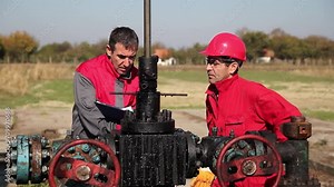 Two Oil Workers at Work Next to Oil Well Pumpjack. An Oil Field Production Foreman Overseeing Oil Extraction Operations. Pump Jack Pumping Crude Oil from Underground Reservoirs.