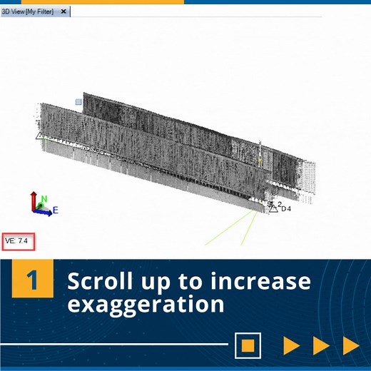 Here's how to apply vertical exaggeration in TBC's 3D view: Simply apply a scalar value to the vertical components of data like point clouds or surfaces. View your data in multiple angles, views, and exaggerations to aid in you drafting, CAD and data reduction workflows. With a project open to a 3D View, notice there is a VE:1.0 text string in the bottom left corner. With the view active, press and hold the Ctrl Shift keys on your keyboard, then use the mouse scroll wheel to change the vertical