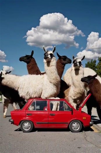 100 llamas in a car
