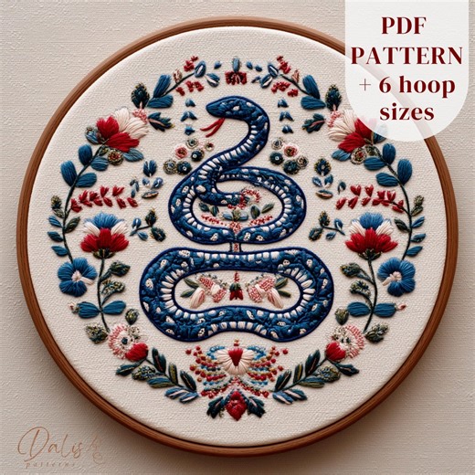 Folk Art Embroidery Pattern: Snake and Flowers Design, Stitching PDF Template, DMC Colors - Etsy