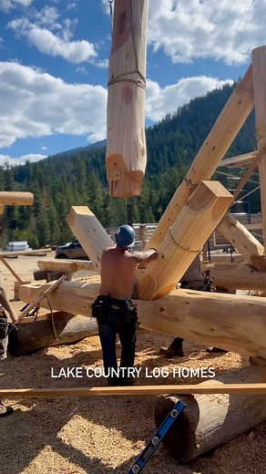 Lake Country Log Homes - LCLH on Instagram: "Assembling a Handcrafted Western Red Cedar Log King Truss at our building facility for a home we completed and delivered to the home owners building site last week. #loghome #logtruss #handcraftedloghomes #timberframe #truss #builder #woodworker #woodworking #logcabinbuilders #logcabin #loghouse #buildingyourdreamfromnature #lakecountryloghomes"