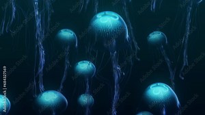3d looped animation of several jellyfish swimming upward in a graceful underwater ballet. Perfect for adding a tranquil and mesmerizing touch to your aquatic visuals.