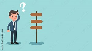 animation of businessman decision making, career pathway, confusing entrepreneur seeing various road.man confuse to choice career vector illustration