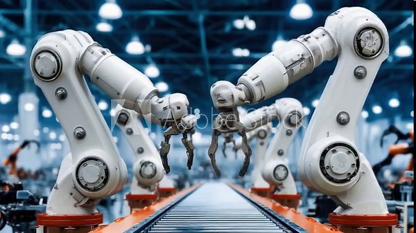 Advanced robotic arms working on an assembly line in a modern industrial factory setting with high-tech equipment