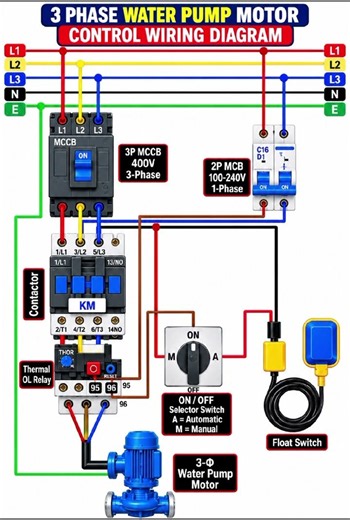 1. 3 Phase Water Pump Wiring | Auto & Manual2. Float Switch Wiring with Contactor