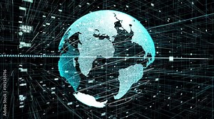 Global online internet network and internet of things IOT concept presented in 3D rendering computer graphic of cyberspace. Communication and information technology development for digital lifestyle.