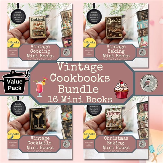 Vintage Cookbooks Mini Book Bundle | Printable Set of 16 Mini Books | Junk Journal Ephemera | Cooking, Baking, Cocktails & Christmas Kit - Etsy
