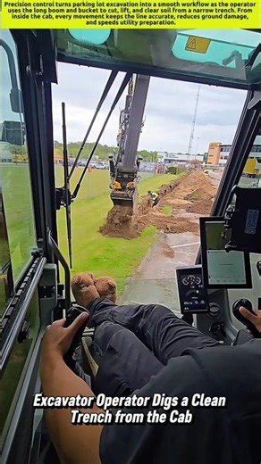 Excavator Operator Digs a Clean Trench from the Cab