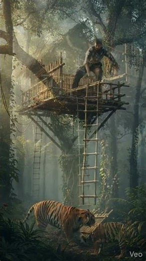 Panic in the Jungle: Man Escapes Roaring Bengal Tiger by Climbing to Secret Bamboo Treehouse"