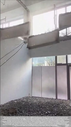 The process of cutting concrete beams with a wire saw.