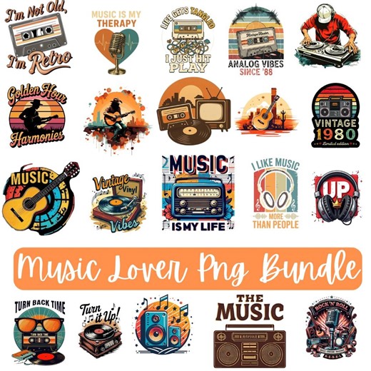 Retro Music Lover PNG Bundle, Colorful Vintage Designs (20 Sublimation) - Etsy