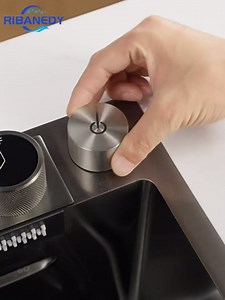 Black-Grey Nano Kitchen Sink 304 Stainless Steel Waterfall Sink Single Bowl Workstation Kitchen Sink With Multifunctional Digital Display Fly Rain Pull-Out Faucet And Sink Accessories （33.5x17.7 Inch）