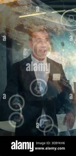 Man stepping forward offering handshake, handing paper and greeting peer, globe overlaying business. Networking, corporate, conference, professional, digital, augmented, vertical video Stock Video Footage - Alamy