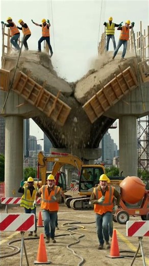 Bridge collapse with construction workers running from explosion.