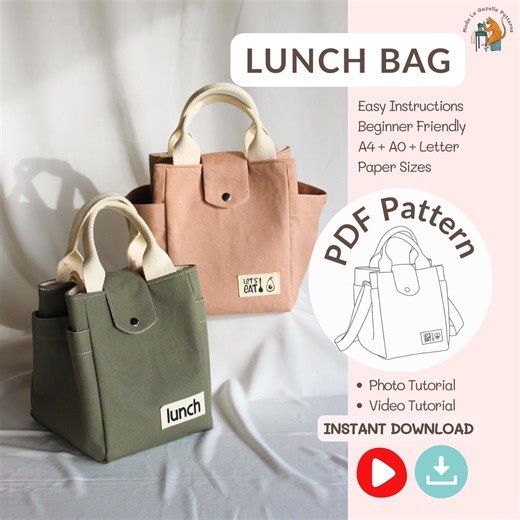 Lunch Bag Sewing Pattern, Tote Bag Video Tutorial, PDF A4/a0/letter Size - Etsy