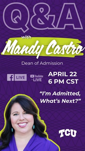 7.4K views · 32 reactions | Congrats to all the students recently admitted to TCU! So, you’re officially on your way—but what happens next? Join us as we talk through what to expect in the months ahead and give you a sneak peek at some exciting changes happening on campus. Tuesday, April 22 6 p.m. CST Bring your questions—we’ll answer them in real time with practical advice tailored to your journey. | TCU – Texas Christian University | Facebook