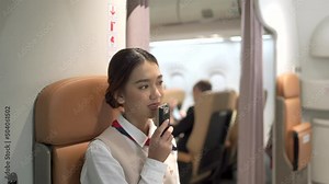 Cabin crew making an onboard announcement before taking off.