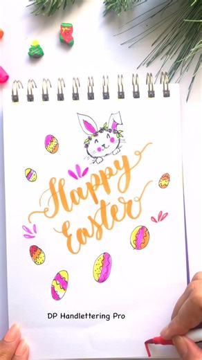 Happy Easter Calligraphy Card With Decorated Eggs and Flower Crown Bunny 🐰 | Brush Pen