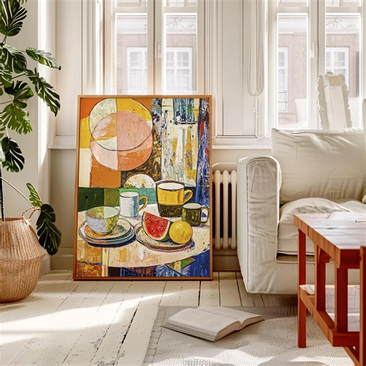 Abstract Still Life Wall Art Printable, Colorful Cups & Fruit Painting, Vintage Kitchen, Living Room Poster, Scandinavian Modern Home Print - Etsy