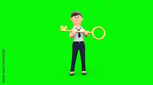 3d Animated Cartoon Female Entrepreneur Holding a Golden Key as a Sign of Success in Business