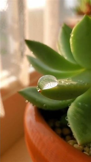 After Rain on Windowsill! Succulent Leaves Hang Diamond Water Drops