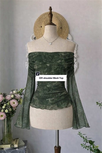 Elegant Dark Green Off-Shoulder Mesh Top for Women