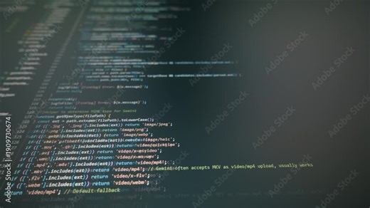 Close-up of colorful JavaScript code scrolling on a dark monitor. Concept of vibe coding, AI assisted application development, and modern software engineering.