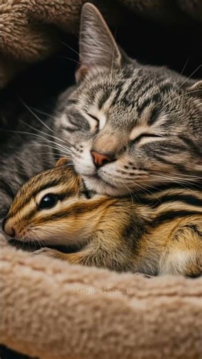 Chipmunk begrudgingly becomes pillow for Cat