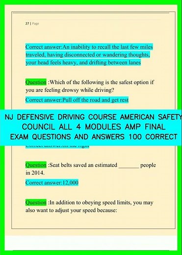 NJ DEFENSIVE DRIVING COURSE AMERICAN SAFETY COUNCIL ALL 4 MODULES AMP FINAL EXAM QUESTIONS AND ANSWE