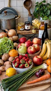 Fresh market produce display in a rustic kitchen with various fruits and vegetables.