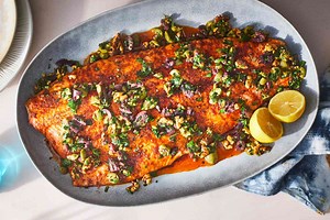 Slow-Roasted Salmon with Walnut-Olive Vinaigrette