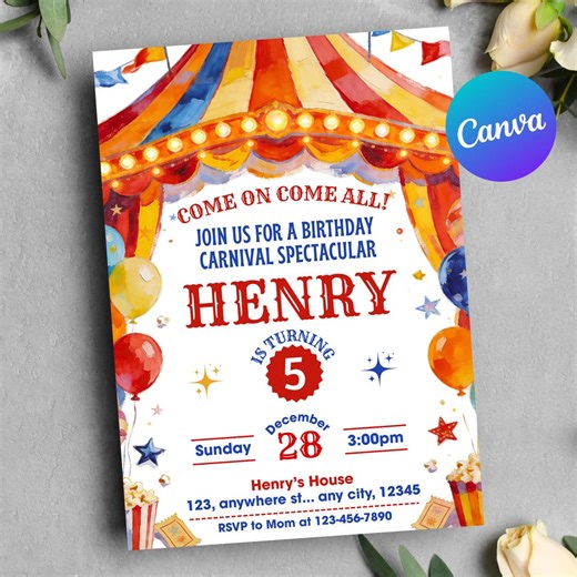 Carnival Birthday Invitation, Editable Circus Party Theme Birthday Card, Canva Template, Kids Fair Theme, Colorful Kids Invite, Circus Bday - Etsy