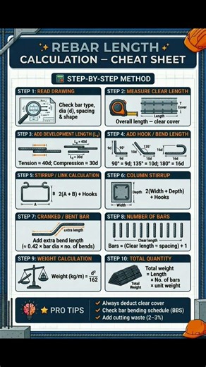 Rebar Length Calculation | Cheat Sheet | Bar Bending Schedule Formulas | #Shorts