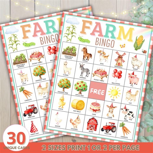Farm Animals Bingo Game Printable – Farm Birthday Party Game – Kids Farm Activity – 30 Unique Bingo Cards – Instant Download - Etsy