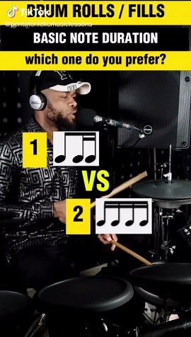 Which of these note values on the drums as a drum roll do you prefer - 1 (8th note and 2 16th note drum rolls, drum chops or drum fills) or 2 (4 16th note drum rolls, drum chops or drum fills) - basic note durations - music notes - rhythm - how to read music notes Learn these Basic note durations Tighten up your rhythm with this Music tutorial on music theory note values. practice and start playing them. play vour melodic music notes with confidence. You will learr how to read music notes after 