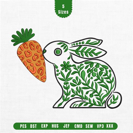 Rabbit Embroidery Design, Bunny With Carrot Embroidery File, Floral Bunny Embroidery, Easter Rabbit Design, Machine Embroidery PES DST EMB - Etsy