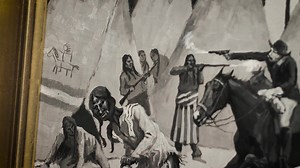 Frederic Remington's original "Battle of Washita" (1888) depicts Custer's 7th Cavalry charge on Black Kettle's village in 1868. The quintessential artist of the American West, Remington created the work as the basis for an illustration in Eggleston's "The Household History of the United States and Its People." The book served as household and textbook reading, cementing the tragic event into American history. By using a grisaille (grayscale) palette and stepping away from his trademark realism, 